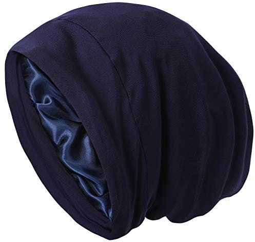 Satin-Schlafmütze, Haarabdeckung, Satin-gefüttert, Slouchy Beanie, Seidenfutter, Nachtschlafmütze für Cuirly Hair, Marineblau, Einheitsgröße