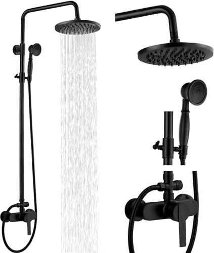 Airuida Système de douche noir mat avec tuyau exposé - Poignée unique - 20,3 cm - Inverseur en cuivre massif - Barre de douche moderne - Double fonction