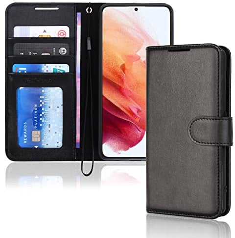 TECHGEAR Custodia in Pelle Galaxy S21 Fe, Cover Libro Protettiva con Slot per Schede, Supporto e Cinturino da Polso - Pelle Sintetica per Samsung Galaxy S21 Fe Cover Portafoglio (Nero)