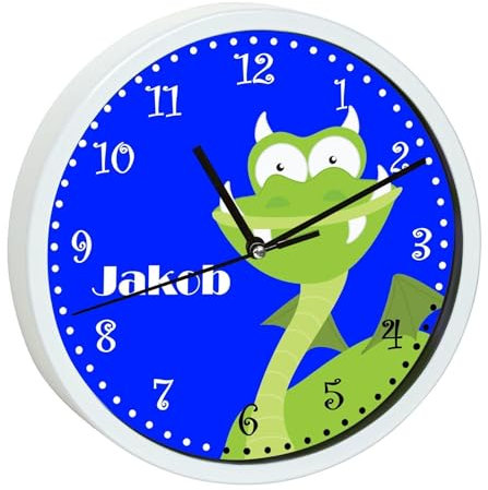 CreaDesign, Wanduhr Kinder personalisiert mit Name, Motiv Drache grün, Rahmen Wanduhr weiß, Ø 19,5 cm