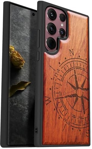 Carveit Hülle für Galaxy S22 Ultra Case [Elegante Rosenholz] [Weich TPU Stoßstange] Stoßfeste Handyhülle Kompatibel mit Samsung S22 Ultra Hülle Holz （Vintage Kompass）