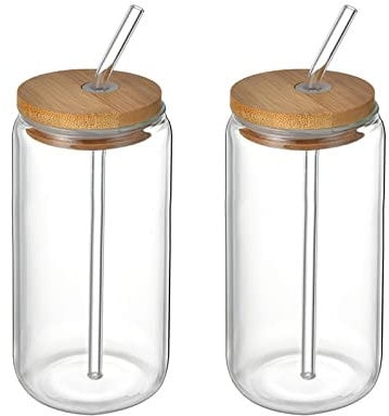 XHONG Lot de 2 verres en forme de canette de bière, verres à bière glacé avec couvercles en bambou et paille en verre, adaptés pour jus, bière, soda, boissons glacées et cocktails transparents