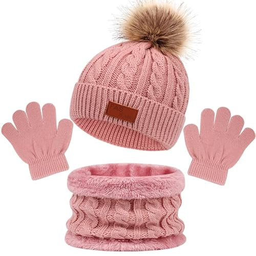3 in 1 Kinder Wintermütze Schal Handschuhe Set, Mädchen Winter Beanie Hut, Strickmütze für 2-7 Jahre