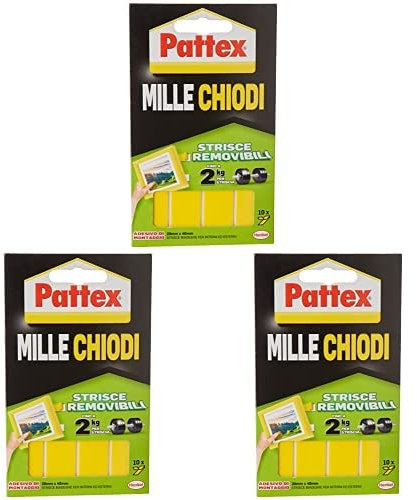 Pattex Millechiodi Biadesivo, Strisce Adesive Pattex Muro, Ultraforti, Riposizionabili, Nastro Biadesivo Forte, Strisce Adesive Rimovibili, 10 Strisce ciascuna 20 x 40 mm, Pacco da 3