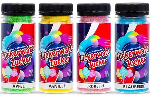Hopser Food Fun Zuckerwatte Zucker Set 4 Sorten, Blaubeere, Apfel,Erdbeere,Vanille, je 100g für Zuckerwatte Maschine AZO Frei Aromazucker Farbzucker Backen Dekorieren