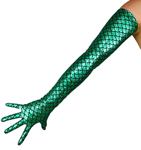 DooWay Holographische Abendhandschuhe für Damen, Stretch, 70 cm, super lang, Metallic-Handschuhe für Kostüm, Rave Dace Party, Meerjungfraugrün, 38