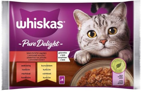 Whiskas Adult 1+ Katzenfutter Pure Delight Geflügel in Gelee mit Rind und Huhn, 20 Portionsbeutel, 5x4x85g, Hochwertiges Nassfutter für ausgewachsene Katzen