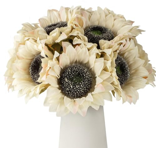 DuHouse künstliche Sonnenblumen, 12 Stück, Lange Stiele, Beige | Seide, Bulk, für Hochzeit Haus Garten im Freien Party-Dekoration