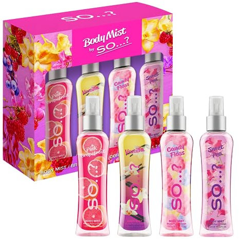 SO…? Body Mist By Luscious Four Womens Body Mist Gift Set, with Pink Grapefruit, Vanilla, Candy Floss, & Sweet Pea, Fragrance Spray Set (4x100ml)