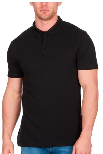 Mens Polo Shirt Short Sleeve Top Plain T Shirt Casual Work Golf Tee Pique Basic (Black, L)
