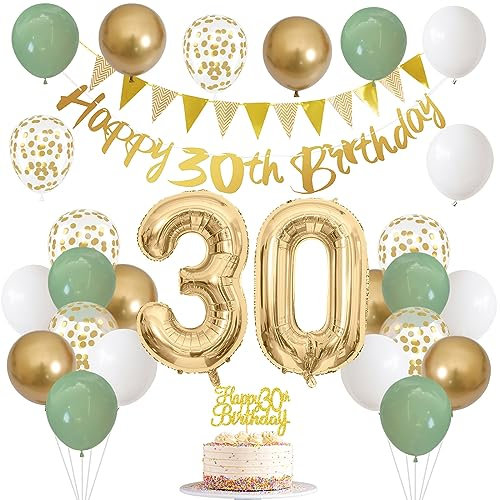 30th Birthday Decorations for Women Men, Happy Banner With Cake Topper Number 30 Foil Balloon, Sage Green White Gold Balloons for 30 Year Old Party Decoration