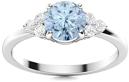 Aquamarine Round 6.00mm Ring With Side Stone | Sterling Silver 925 With Rhodium Plated | Beautiful Evergreen Design Ring For Girls And Woman's (White, 55 (17.5))