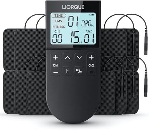 LIORQUE TENS EMS Reizstromgerät Elektrostimulationsgerät mit 2 Kanäle Muskelstimulator und 10 Stk Elektroden 50 Massagemodi Elektrostimulation für Schmerzlinderung Arthritis und Muskelaufbau