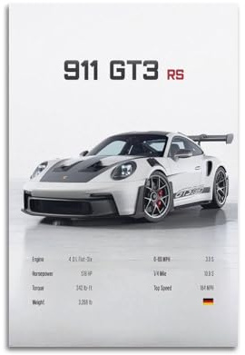 LADV 911 GT3 RS Daten-Poster Weißer Rennsport-Sportwagen Dekoratives Gemälde Leinwand Wandkunstwerke Bild 40 x 60 cm