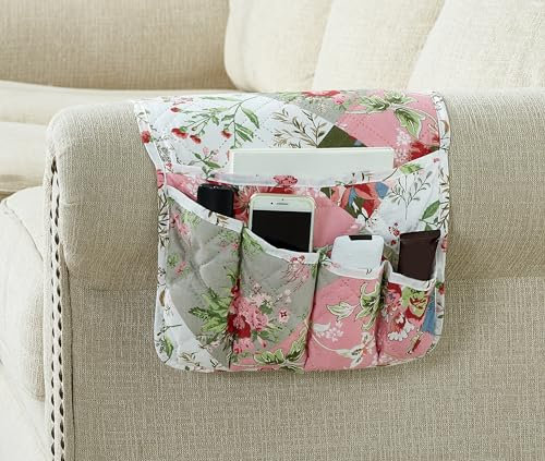 Brilliant Sunshine Peach Flowers Patchwork Couch Armrest 5 Pockets Organizer, Slip Resistant Recliner Armchair Caddy, Washable Remote Controls Holder, Storage for Magazine, Tablet, iPad, Peach Olive