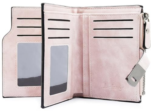 Portefeuille Femme en PU Cuir Porte Monnaie pour Femme Lisse et Souple Portefeuille Petit Format Compact avec 16 Emplacements de Carte, Porte-Monnaie Court en Cuir Synthétique Bifold (Rose)