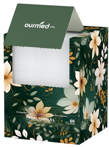 Ourmed Life Disposable Face Towel | Lint-Free Biodegradable Clean Towels | Dry Makeup Remover Wipes | Super Soft & Thick for Sensitive Skin | 10-Inch X 10-Inch Large Size | 60 Count, Dot Pattern