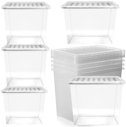 STORM TRADING GROUP 10 x 80L (80 Litres) Plastic XL Storage Boxes Clear With Lids Organise The Home & Office Stackable See Through Large Box