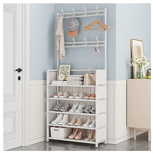 IPSU Garderobe mit Sitzbank, Garderobenständer mit 8 abnehmbaren Haken und 5-stufigem Schuhregal, freistehender Kleiderständer aus 16-mm-Rohr für Flur, Eingangsbereich, Schuh- und Garderobenständ