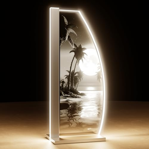 Luverre Tischlampe | LED-Leuchte | Glas-Leuchte mit Gravur für Nachttisch, Kommode, Wohnzimmer | Strand, Meer, Mondlicht (Moonlight, Segel | silber)