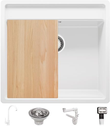 Fregadero bajo Encimera Blanco 56x53cm, Granito 1 Seno + Sifón + Grifo + Tabla de cortar, Al mueble 60cm - Bergen Low Cut de Primagran