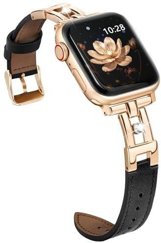 Vamyzji Leather Strap Compatible Apple Watch Straps 42mm(Series 11 10) 41mm 40mm 38mm, Unique Dressy Genuine Leather iWatch Strap Women for Apple Watch Series 11 10 9 8 7 6 5 4 SE (Rose Gold/Black)