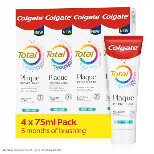 Colgate total Plaque Pro-Release Fresh Mint Toothpaste 75ml X4 - Dental Plaque Remover Toothpaste - Neutralises the Harmful Effect of Bacterial Plaque - Dissolves and Lifts Away Gum-Harming Plaque