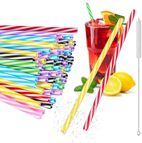 60 Stück Wiederverwendbare Strohhalme,Strohhalme Plastik mit Strohhalmbürste,Verdickte Trinkhalme Plastik, für Smoothies, Saft, Cocktail, Heißgetränk(9.06 Zoll lang,0.28 Zoll Durchmesser)