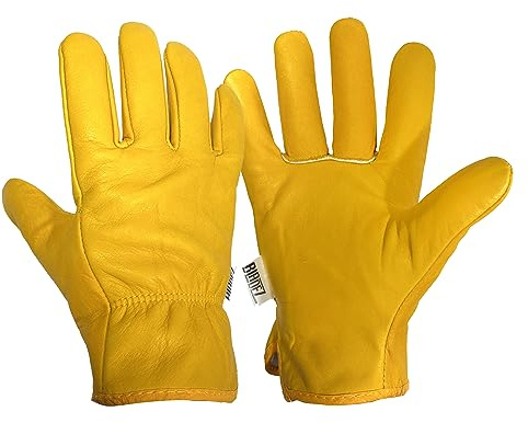 Bladez Gants de jardinage résistants aux épines pour homme et femme, grande paume et côtés supérieurs en cuir de vachette épais, doublure intérieure douce et chaude, anti-ronces, double couture solide