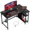 DOMSHOCT Small L Shaped Gaming Desk with Power Outlets, 100x70cm Corner Computer Table with Large Reversible Storage Shelves, Home Office PC Workstation with Hooks for Writing Study, Black
