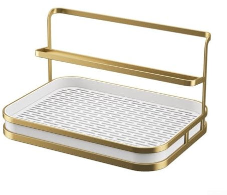 Zilimontt Escurridor de 2 niveles con bandeja extraíble, diseño de bandeja inclinada, escurreplatos de instalación sin esfuerzo, escurridor de platos para encimera de cocina (dorado)