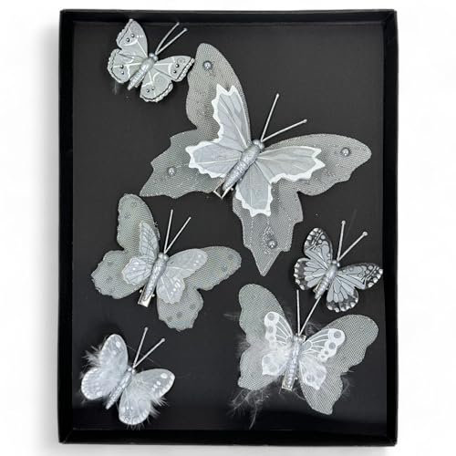 MIJOMA Deko-Schmetterlinge mit Clip, farbenfrohe Schmetterlinge für Festliche Dekoration, vielseitig einsetzbar für Floristik, Hochzeit, Weihnachten und Bastelarbeiten (Grau, 6 Stück)