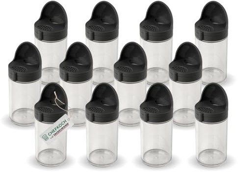Chefkoch 2-in-1 Gewürzstreuer mit Dosiermaß: Einfaches Abmessen & Hinzufügen von Gewürzen – 12er Set, 100ml Fassungsvermögen – Inkl. 12 Beschriftungsetiketten – Spülmaschinenfest – Grau/Transparent