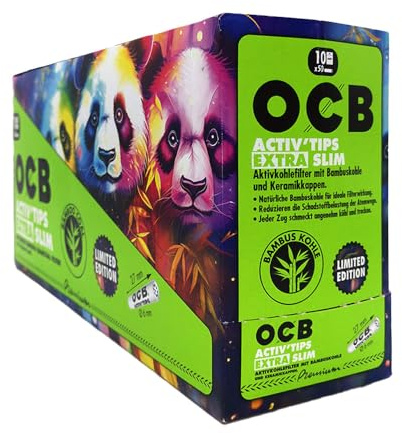 OCB Activ'Tips Extra Slim Bamboo, 6mm Limited Edition, 10 Beutel x 50 Stk | Filter mit Keramikkappen, Aktivkohlefilter Bamboo zum Eindrehen, Extra Slim Aktivkohlefilter