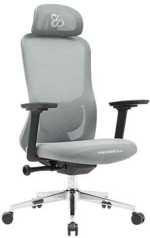 NEWSKILL NUE Silla ergonómica con reposabrazos 3D, Base metálica cromada y Respaldo de Malla Transpirable - Color Gris