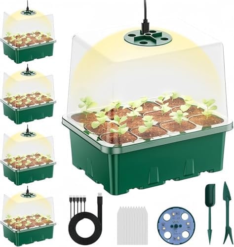 Danolt 5 Paquetes semilleros de germinacion con luz LED, 12 Agujeros Mini Invernadero Interior, con 10 Etiqueta, con 2 Herramientas
