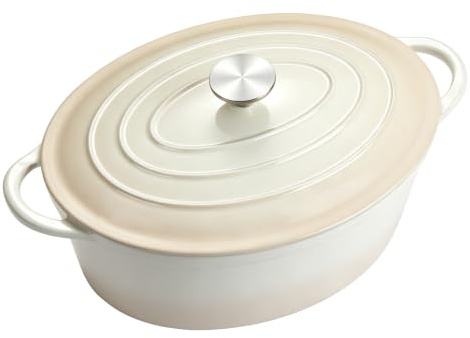 NSIRONS Enameled Dutch Oven Pot with Lid, 7 QT Cast Iron Dutch Oven with Dual Handles, Oval Dutch Oven for Cooking, Bread Baking, Frying, Non-stick Enamel Coated Oven (Caramel White)