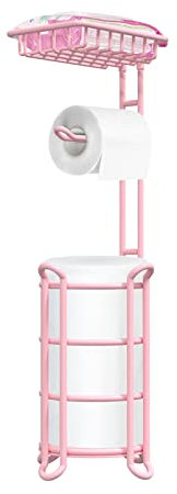 TreeLen Pink Free-Standing Toilet Paper Holder – Floor Standing Roll Dispenser with Storage for 4 Reserve Mega Rolls, Phone, and Wipes