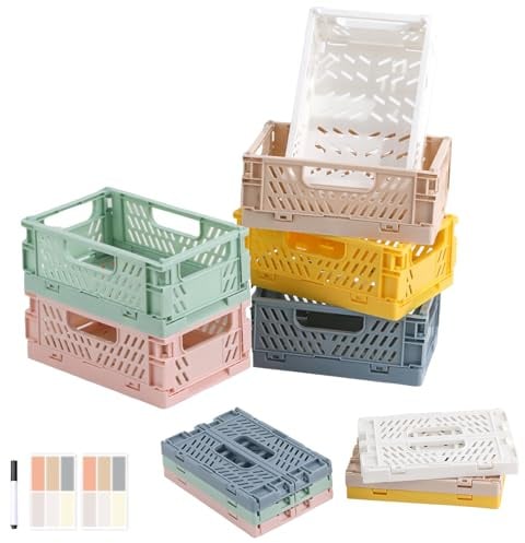 Lucywey 6 Stück Klappkiste Plastik Klappkorb, 15*9.7*6cm Mini klappbox Tragbar Aufbewahrunskisten, Bunt Stabil Faltbare Aufbewahrungskiste mit Aufklebern und Stift für Zuhause/Büro/Geschäft/Schule