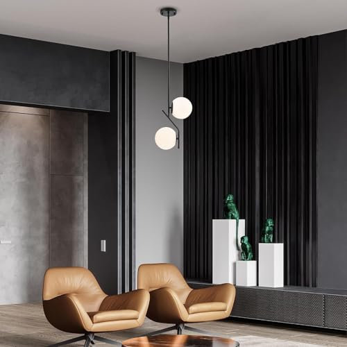 Stesulfr Moderne Schwarze E14 Pendelleuchte Mid Century Nachttischleuchter 2 flammige Deckenleuchte aus Metall mit weißem kugelförmigen Glaslampenschirm für Kücheninsel Esszimmer Schlafzimmer