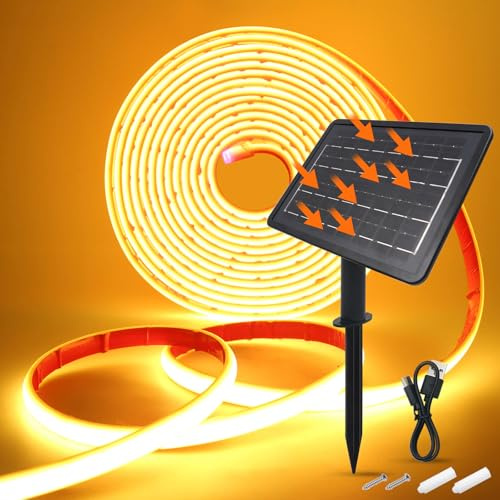 Wisada 24V Solar COB Neon Band, 8 Modi Lichtband Außen IP68 Lichterkette Selbstklebend, 320LEDs/m Superheller COB LED Stripe Cuttable LED Streifen für Terrasse, Innenhof (Warmweiß，10m)