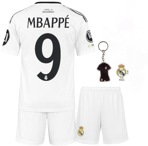 Qycksouth Mbappé #9 - Camiseta infantil 2024 - Diseño de fan blanco con pantalones cortos y llavero aleatorio - Camiseta para niños - Tallas jóvenes 128 a 176, Blanco, 152 cm