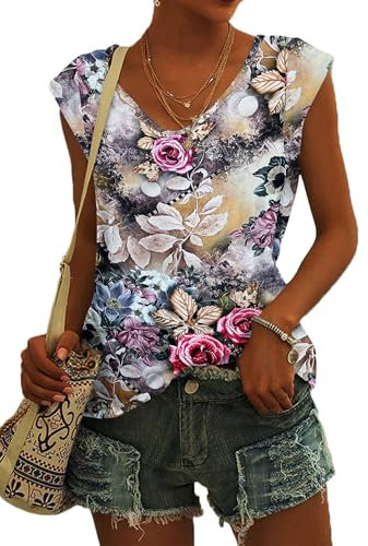 NARRAME T-Shirt Oversize à Manches Courtes pour Femme - Débardeur d'été - Haut Ample - Col en V Grande À Fleurs Jaune Clair Roses Roses XXX-Large 3XL 54-56