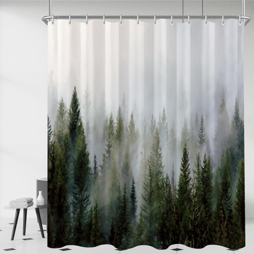 Lerores Rideau de douche 180 x 200 cm - Motif forêt brumeuse - Ourlet lesté - Anti-moisissure - Imperméable - Lavable - En polyester - Avec 12 œillets et anneaux de rideau de douche - Pour salle de