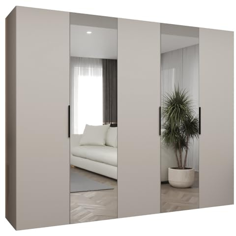 MEBLE KRYSPOL - Kleiderschrank mit Spiegel - Drehtürenschrank - Schrank 250x202x52cm - Garderobenschrank Schlafzimmer, Flur, Jugendzimmer - Farbe Kaschmir, Griff Schwarz - Marbella 2 250