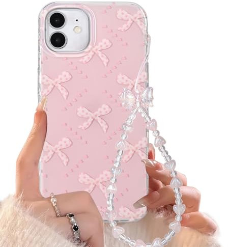 Reownest for iPhone 12/12 Pro Case with Cute Pink Bowknots diamond Pattern Aesthetic Girly Cover, Soft TPU Bumper Protective Phone Cases for Women Girls + Beaded Bow Chain