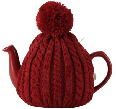 Cable Knit Tea Cosy for 2‑Cup 400‑600ml Teapot, British‑Style Acrylic Teapot Warmer Cover with Large Pom‑Pom, Rear Opening & Dual Side Buttons, Heat Retaining Kitchen Afternoon‑Tea Accessory，red
