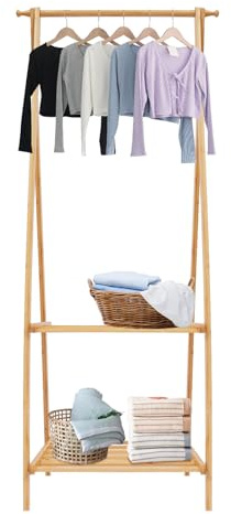 Dokiiovo Klappbarer Kleiderständer, Garderobenständer aus Bambus, Kleiderständer mit Stange und Regal, Freistehender Kleiderstange für Schlafzimmer, Umkleideräumen, Flure, 66x40x160 cm (Log Farbe)