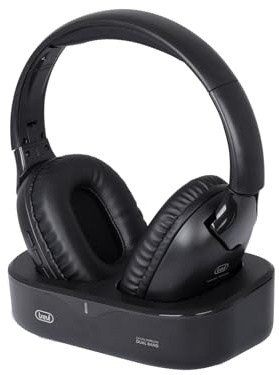 Trevi FRS 1490 RW Cuffia Wireless con Base di Ricarica, Audio RF 2,4 GHz fino a 20m, Ingresso Ottico e Jack 3,5 mm, Compatibile con Smartphone, Microfono Integrato, Spegnimento Automatico