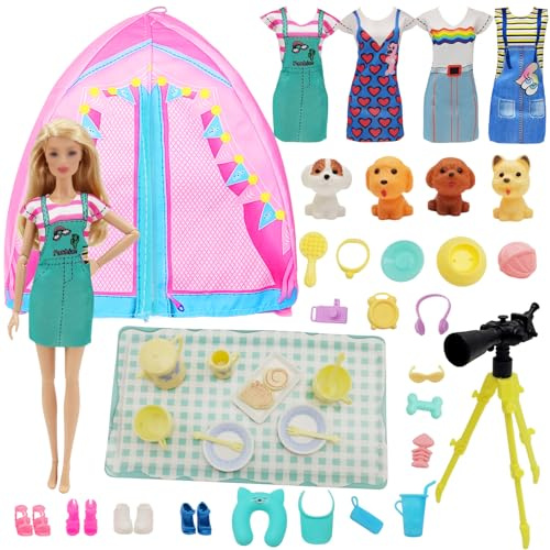 43 Stück Puppen Kleidung Camping Sets Kompatibel mit 11.5 Zoll, Moden Bunte Puppensachen 1 Zelt 4 Röcke 1 Fernglas 4 Paar Schuhe 33 Zubehör für 11.5inch Puppe Mädchen Geschenk Mädchenspielzeug